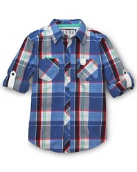 A blue-hued vibrant plaid print and roll-up sleeves add effortless style to this GUESS Kids button up.