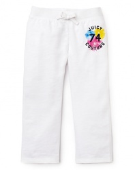Supersoft cotton terry drawstring pants from Juicy Couture featuring a vibrant logo and floral print.