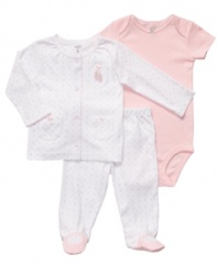 Set your tiny dancer up in comfort with this darling bodysuit, pant and sweater set from Carter's.