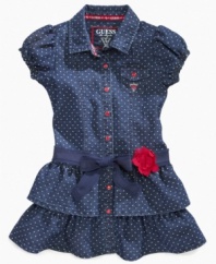 Dainty details. Allover polka dots and a flower sash belt accessory make this shirtwaist dress from Guess a lovely look.