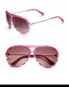 Give glamour a fun, vintage vibe with theses striped acetate frames. Available in fuchsia with lilac mirror gradient lens. Logo temples100% UV protectionMade in Italy 