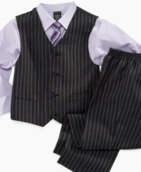 Snazzy in stripes. Step-up his style with this dashing shirt, vest, pant and tie set from Sean John.