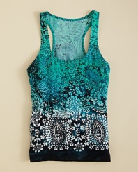 Nothing says flower power like paisley. Aqua weaves this look into a racerback tank with gradient-color floral print that fades toward the hem.