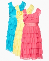 Pretty-up the party. Bright colors and ruffles on these dresses from Sequin Hearts will make her a stand-out the minute she walks in.