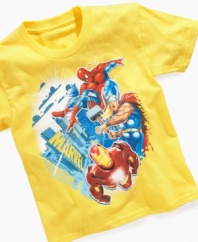 He can stop stale style in its tracks with this fresh tee from Mad Engine, featuring Marvel superheroes in action.