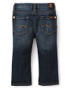 A classic straight leg jean, rendered in a rich blue rinse, with minimal weathering details.
