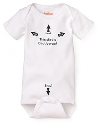 A short sleeve romper with This Shirt Is Daddy-Proof and instructions printed on front.