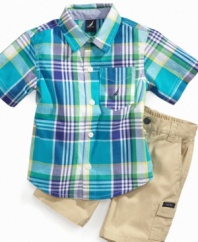 Steal the spotlight! Vibrant colors help him standout even more than usual in this bold plaid shirt and cargo short set from Nautica.