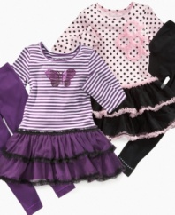 Do a little dance. She'll be comfy and cute in this tutu dress and leggings set from Flapdoodles, with fun floaty ruffles that are perfect for playtime.