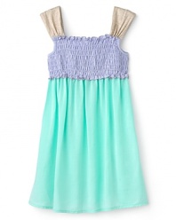 Sweet smocking detail and a subtle colorblock design highlight this darling wear-me-anytime dress from Little Ella.