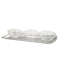 This chic set lets you serve nuts, olives or sauces with style. The slanted sides of the crystal bowls makes for easy dipping and adds a modern flair. 4-piece set includes 3 crystal bowls and 1 stainless steel tray Qualifies for Rebate