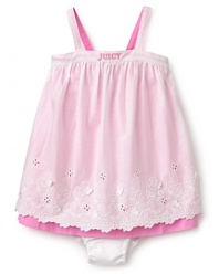 Your little hippie chick will be pretty and comfortable in this double-layered dress embellished with eyelet floral detail and adjustable straps. Comes with matching panty.