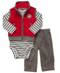 Dress your sweet sidekick in coziness with this handsome 3-piece bodysuit, vest and pant set from Carter's.