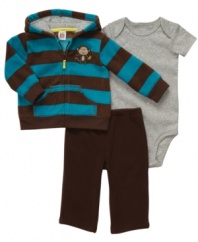 Swing him into the day with cozy style in this 3-piece bodysuit, hoodie and pant set from Carter's.