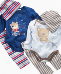 Give him a squeeze. He'll be ready for lots of bear hugs in one of these sweet bodysuit, pant and beanie 3-piece sets from First Impressions.