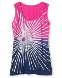 This ombre tank top is adorned with a stunning foil sunburst overlay for spectacular summer style.