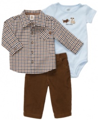 Keep your best buddy looking and feeling good in this handsome 3-piece bodysuit, shirt and pant set from Carter's.