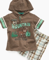 Quite a hike! Get him ready to trek through the day in this fun hooded t-shirt and plaid short set from Nannette.