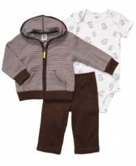 Start monkeying around! Start his day off with fun in this darling monkey-print bodysuit, pant and striped hoodie 3-piece set from Carter's.