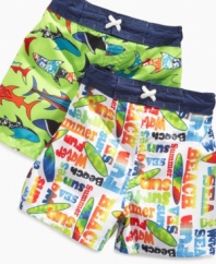 Surf's up and so are the colors and comfort in these bright swim trunks from Mick Mack.