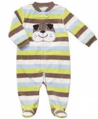 What a face! He'll be as adorable as the cute critter on his outfit in this sweet footed coverall from Carter's.
