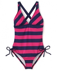 French Riviera-inspired stripes make a bold statement in Juicy Couture's V neck swimsuit.