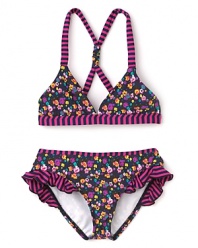 Pretty posies and ruffle stripe trim adorn this fun mixed-print, 2-piece swimsuit from Splendid.
