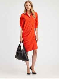Ultra-light silk shirtdress has three-quarter bishop sleeves, flattering asymmetrical draping and a hint of stretch. Button frontThree-quarter bishop sleevesButtoned cuffsAbout 31 from natural waist94% silk/6% spandexDry cleanImportedModel shown is 5'10 (177cm) wearing US size 2.