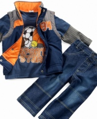 Keep your future star sporty and stylish with this shirt, vest and jean set from Clubhouse.