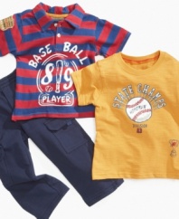 Gear him up for anything that's thrown his way in this sporty 3-piece t-shirt, polo shirt and pant set from Nannette.