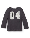 He'll love the vintage appeal of this cute long sleeve shirt in soft cotton slub, with distressed lettering detail.