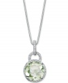 Treat yourself to a touch of luxury. A round-cut green quartz (3-1/3 ct. t.w.) surrounded by a halo of round-cut diamonds (1/4 ct. t.w.) adds the perfect pop of color and shine. Crafted in sterling silver. Approximate length: 18 inches. Approximate drop: 1/2 inch.