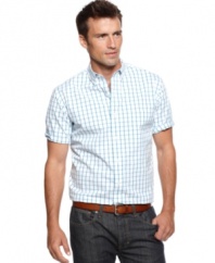 Check mate! You'll pull off a winning style with this grid-patterned shirt from Club Room.