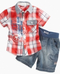 Top award. Make him feel like a champion in this sweet plaid shirt and jean short set from Guess.