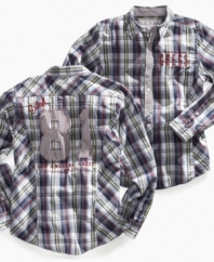 He can add the final layer to his class back-to-school look with this Paglie plaid shirt from Guess, with a faux-tie accent and striped numbers on the back.