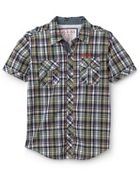 Chambray trim adds a polished edge to this preppy plaid short-sleeve shirt from GUESS Kids.