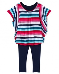 Little Ella pairs a fun, fluttery tunic rendered in bold stripes and oversized flutter sleeves with a solid long legging.