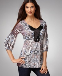 One World's romantic top mixes richly-layered prints and shimmering sequins for an all-out fabulous look!