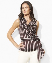 Elegantly pairing a soft cascade of ruffles with slimming stripes, the sleeveless Lauren by Ralph Lauren blouse is tailored in a feminine wrap silhouette from floaty satin-faced georgette.