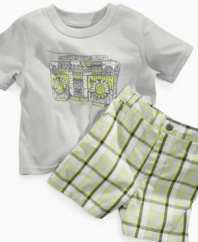 Turn the radio up. He'll be ready to move to any beat he hears with this cute graphic t-shirt and plaid short set from Calvin Klein Jeans.