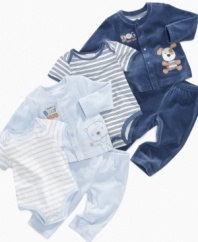 Doll your little dude up for the day in one of these darling bodysuit, jacket and pant 3-piece sets from First Impressions.