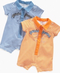 What a little man. Keep his style classic even at an early age with this adorable striped polo romper from Guess.