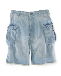 Cool cargo shorts are rendered in durable denim for a rugged look.