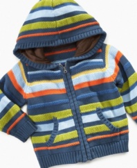 Keep the chill away but the style in with this fun striped hooded Playwear sweater from First Impressions.