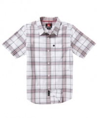 He'll be looking handsome in this casual button-down plaid shirt from Quiksilver, a perfect choice for summer days.