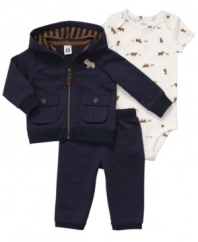 Bundle him up in cozy cuteness with this darling 3-piece bodysuit, pant and jacket set from Carter's.