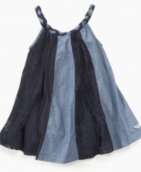 Double take. Mixing denim and floaty lace panels, this dress from Roxy is perfect for the sun and summer breeze.