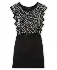 A zebra print and ruffles add a wild style to the minimalist skirt on this belted dress from BCX.