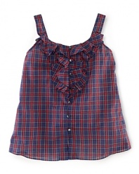 The classic plaid tank in crisp, lightweight cotton is accented with a girlie ruffle-trimmed placket, sure to put a little prep in her step.