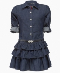 Blue jean baby. She can add a sweet, all-American style to her wardrobe with this dainty denim dress from Guess.
